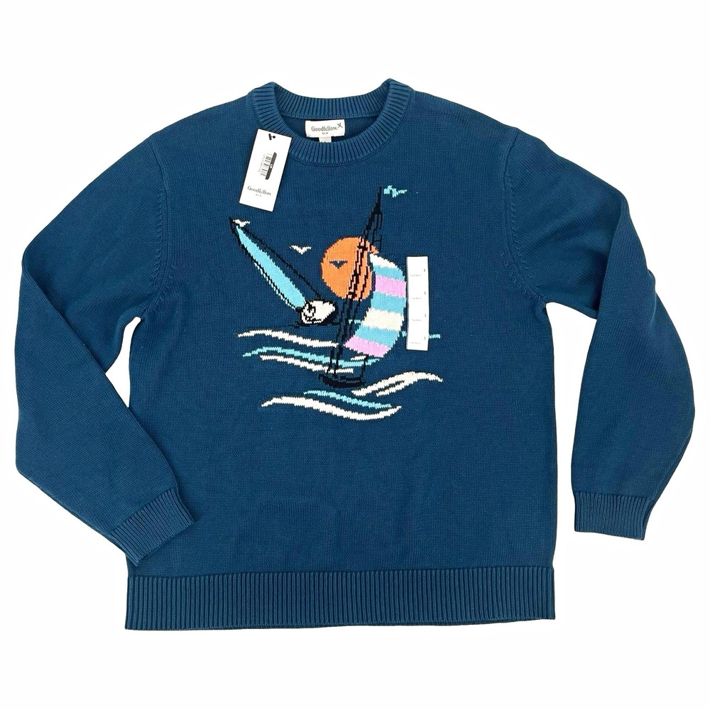 Goodfellow & Co Men L Sailboat Sweater Teal Nautical Coastal Grandpa NWT